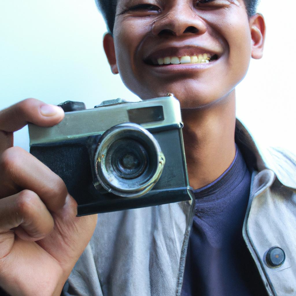 Person holding vintage camera, smiling