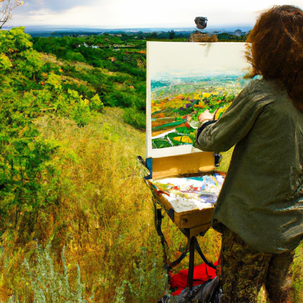 Artist painting a colorful landscape